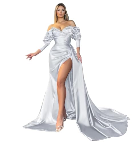 Sequin Beaded Mermaid Prom Dresses 2023 Long Sleeves Off Shoulder Sweetheart Satin Slit Formal Evening Party Gowns with Train