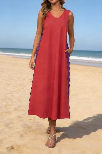 Image of utcoco Women's Summer Beach Boho Flowy Maxi Dress Casual Sleeveless V Neck Side Slit RIC Rac Tank Dress