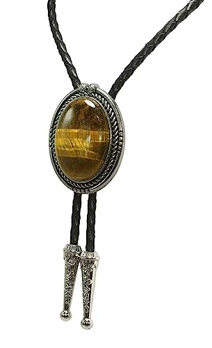 Image of Moranse Bolo Tie with Natural Tiger Eye Stone Celtic Style Genuine and Cowhide Rope