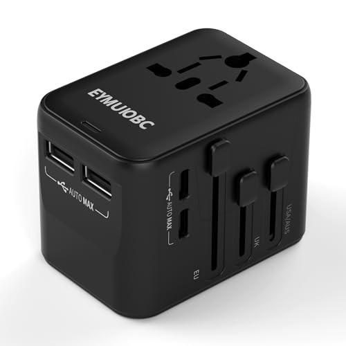 Adaptador Enchufe Universal EYMUOBC con USB-C PD 20W, Adaptador de Viaje con 2 USB-C y 2 USB-A, Enchufe Internacional para USA, Reino Unido, Italia, Australia, Japón, Tailandia, Canadá y 224+ países