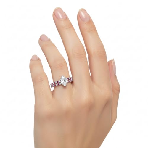 Image of Choose Your Gemstone Three Quarter Diamond CZ Gallery Bridal Ring Set 925 Sterling Silver Marquise Shape Wedding Ring Sets for WomenUS Size 4 to 12