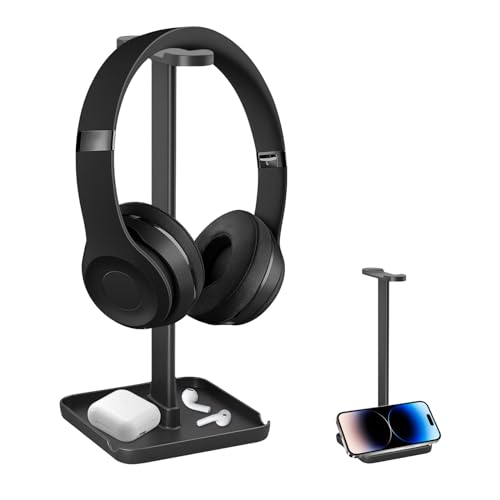 Qoosea Headphone Stand with Phone Stand Storage Tray Headsets Stand Gaming Headphone Holder for All Headphones 3 in 1 for AirPods Max Beats Sony Bose Black
