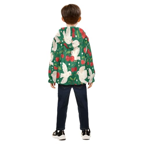 Doves and Cherries on Green Toddler Fleece Jacket Girl Boys Hooded Fleece Jacket Coat Warm Outwear Zip-up 3-10T4