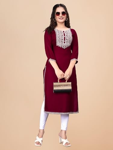 Image of Women Rayon Embroidered Kurti Three Quarter Sleeve Kurta for Women and Girls Embroidery Work Soft Rayon Fabric Comfortable