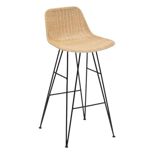 Atmosphera - Chaise de Bar May Beige et Noir - H 90 cm - Rotin Tressé et Pieds en Métal - pour Cuisine, Îlot Central, Tabouret Haut