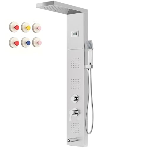 Colonne de Douche Hydromassante STANEW,Affichage LED la Température,Robinet 5 Fonctions,Pluie, Cascade,Massage, Bec de Baignoire et Pomme de Douche avec...