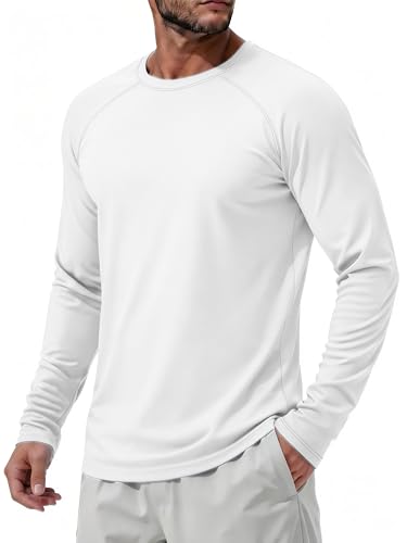 MAGCOMSEN Long Sleeve T Shirt Mens UPF 50+ Sun UV Protection Tops Quick Dry Moisture Wicking Lightweight Breathable Rash Guard,White,M