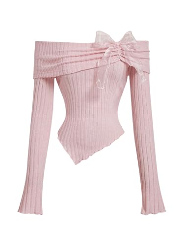 GORGLITTER Women's Bow Off The Shoulder Shirt Ruched Long Sleeve...