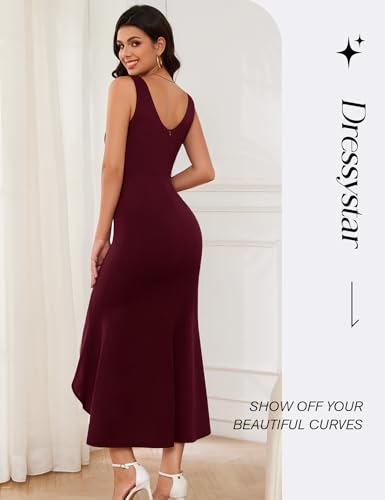 Image of Dressystar 2026 Women's Square Neck Bodycon Sleeveless Cocktail Dresses | wedding guest dresses for women, midi length, formal party dress, soft breathable stretchy material, slit ruffle hem design