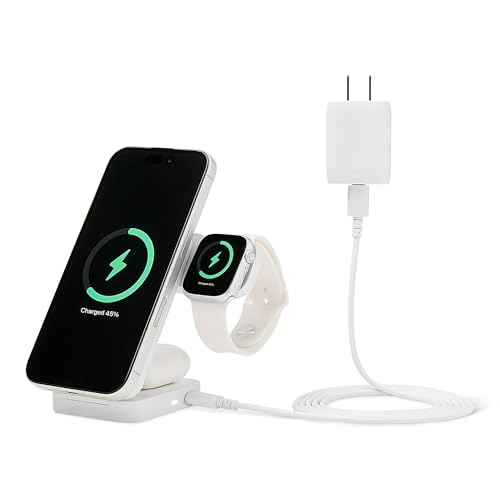 Amazon Basics MagSafe Compatible 25W Fast Charging Qi2.2 Certified 3-in-1 Wireless Charging Station Foldable Stand for iPhone 17/16/15/14/13/12 Apple Watch AirPods with 45W Adapter White