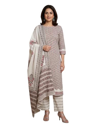Image of Eddika women unstitched hand block printed cotton suit set with mulmul dupatta ehbpcswmd0120P