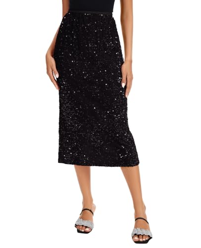 Women's Sequin Velvet Midi Skirt Elastic High Waist Night Out Split Hem Party Skirts4