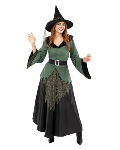 Funidelia Disfraz de Bruja Deluxe para mujer con chaqueta, falda, cinturón y sombrero, Traje de Hechicera Maga para adultos, Disfraces de Carnaval, Halloween y Fiestas – Talla S