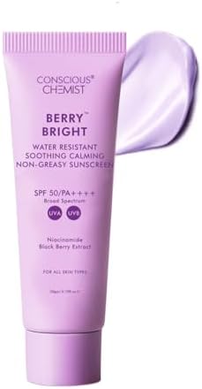 Conscious Chemist® Berry Bright Sunscreen SPF 50 PA++++ 20g | In-Vivo Tested Face Sunscreen | Lightweight Gel Formula | Niacinamide & Blackberry Extract | Hybrid Broad Spectrum UVA & UVB Protection | Non-Greasy, No White Cast | Water Resistant | For Oily, Combination & All Skin Types