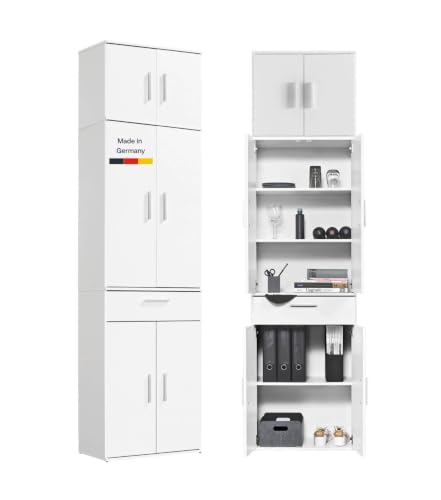 mokebo Mehrzweckschrank deckenhoch Büroschrank (230x60 cm) 'Der Extralange' Made in Germany aus Holz extra hoch mit 8 Türen Aktenschrank Schuhschrank Flurschrank Weiß