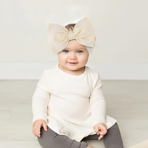 YanJie 3PCS 7'' Big Bows Baby Girls Headbands Soft Stretchy Newborn Bows Infant Baby Hair Bows Toddler Headwrap Hair Accessories Khaki Beige Light Pink3