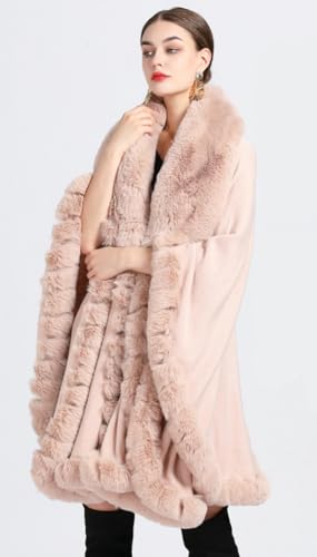 Image of Women Poncho Cape Faux Fur Collar Knitted Cardigan Sweater Batwing Long Sleeve Shawl Wrap Coat Oversized Cloak