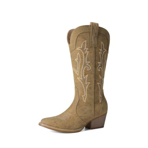 Image of DREAM PAIRS Women's Cowboy Cowgirl Boots Embroidered Pointed Toe Low Heel Western Mid Calf Boot for Theme Party Country Concert