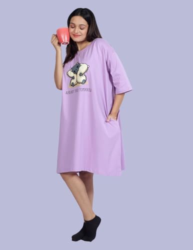 Image of LAMA STORE Women's Printed Oversized T-Shirt Dress, Cotton, 3 /4 Sleeve Length, Casual Loose Fit, Comfort Wear Extra Comfy Oversized Printed Pocket T-Shirt Dress