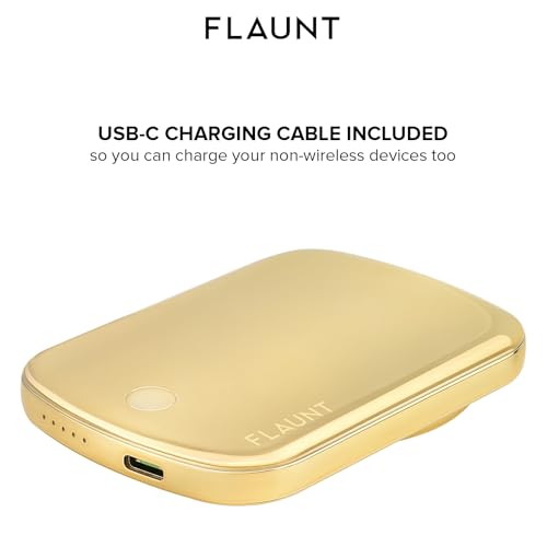 Image of Flaunt 5000mAh Wireless Battery Pack with USB-C Port - Metallic Gold | Slim Portable Power Bank - Compatible for MagSafe and Wireless Charging for iPhone, Smartphone, AirPods, Headphones, and More