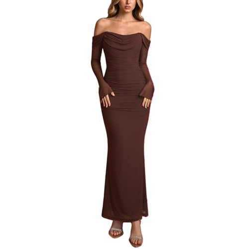 Robe longue épaules dénudées en maille stretch moulante pour femme