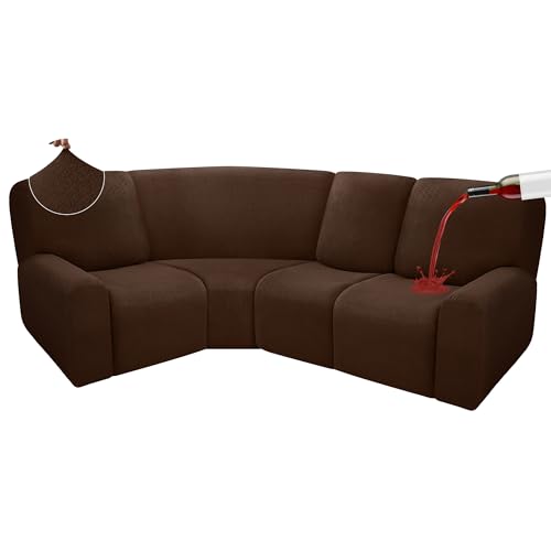 ROFASVCO 100% Waterproof Reclining Sectional Couch Covers Fleece Stretch 4-Piece L Shape Recliner Sofa Cover Washable Non Slip Corner Couch Cover Recliner Slipcovers Protector (4 Seat, Dark Brown)