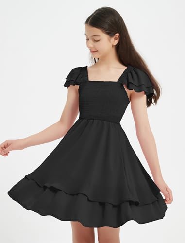 EXARUS Girls Flowy Ruffled Hem Dresses Puff Sleeve/Spaghetti Strap/Halter Smocked Dress Casual Mini 6-14Y4
