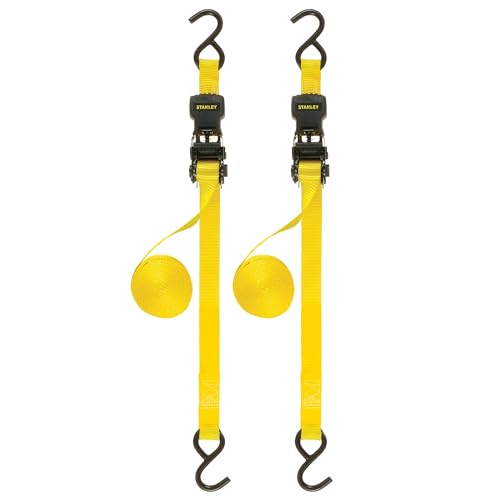 STANLEY S10002 Black/Yellow 1' x 10' Ratchet Tie Down Straps - 500 lb Safe Working Load / 1,500 lbs Break Strength, 2 Pack