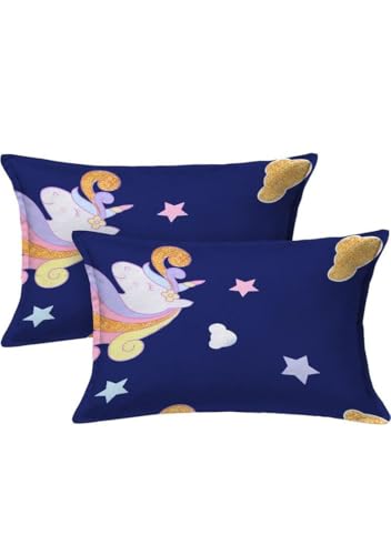 Image of Kids King Size Elastic Fitted Bedsheet for Double Bed with 2 Pillow Covers | 210 TC Cotton | Deep Pocket Fits up to 8 Inch Mattress | Size 78 x 72 Inch | Blue Unicorn Print