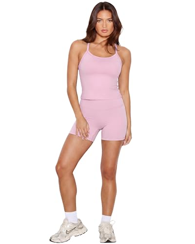 Image of SUUKSESS Women 2 Piece Workout Sets High Waisted Tummy Control Biker Shorts Halter Padded Tank Tops