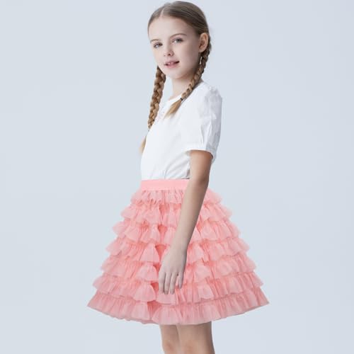 Zunw Girl Pink Tutu Tulle Skirt For Girl Size 6 7 Years Elastic High Waist Layered Mesh Tiered A-Line Skirts thumb #2