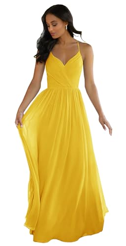 Image of LANGKAAO Women's V Neck Bridesmaid Dresses Long for Wedding A-Line Chiffon Open Back Formal Gown with Pockets