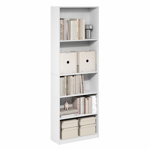 Image of Furinno Jaya Book Shelf, 5-Tier Tall Book Shelf, Bookcase with Open Shelving, Standing Bookshelf, 9.5 x 24.6 x 71.1, for Organization and Storage, for Home Office, Living Room, White