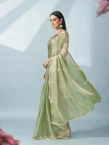 Womanista Women's Jimmychoo Solid Green Saree Embellished Lace With Un-Stitched Blouse