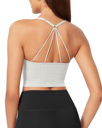 Image of ODODOS Seamless Padded Sports Bra for Women Strappy Longline Wirefree Brami Ribbed Crop Tank Tops