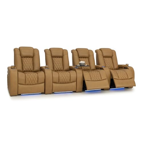 Image of Seatcraft Diamante Tan Oak Italian Leather Home Theater Seating, Zero Gravity Power Recliner Gaming and Home Office Chair, Powered Headrest Lounge Sofa Furniture for Cinema Room, Row of 4