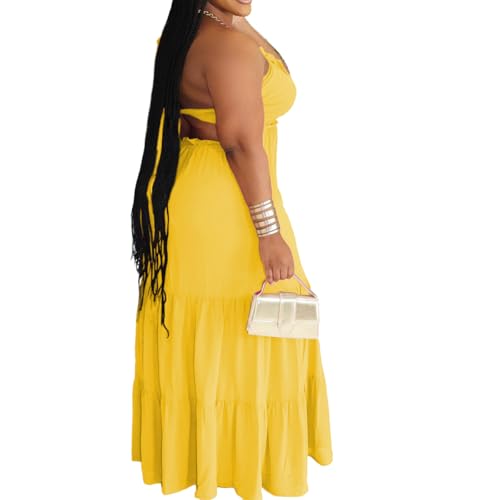 Image of TOPSRANI Womens Sleeveless Maxi Dress Halter Casual Backless Smocked Tiered Ruffle Flowy Sexy Slip Sling Strap Dresses