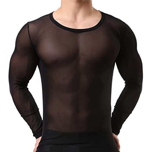 Men's Sexy Tank Top Underwear Mesh Breathable Sexy Shirts Comfort Long Sleeve Sleepwear See Through Blouse Womens Sexy Black