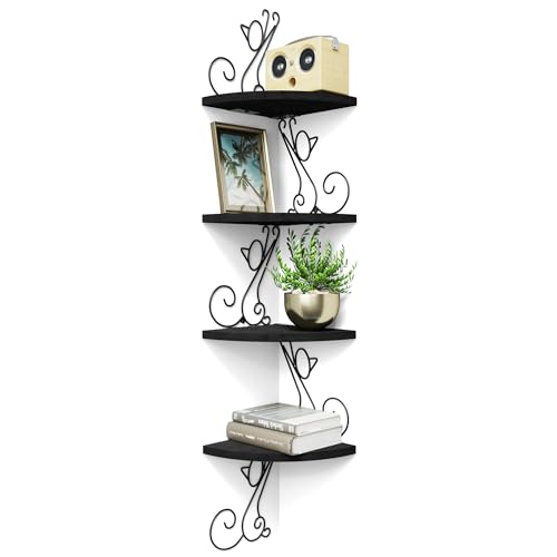 Alsonerbay Corner Shelf Wall Mount of 4 Tier Corner Shelves Rustic Wood Floating Shelf Cat Shape Metal Corner Stand for Bedroom Living Room Bathroom Kitchen Office and More Black