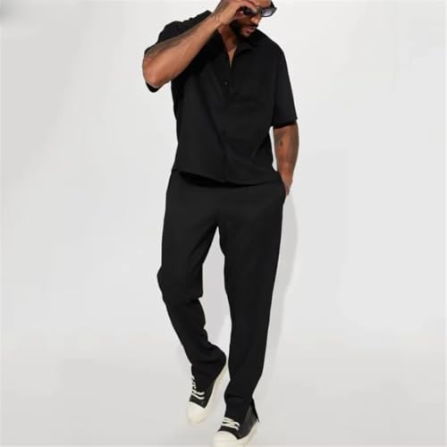 Mens 2 Piece Suits Streetwear Trendy Loose Short Sleeve Lapel Shirt and Pants Outfits Sets4