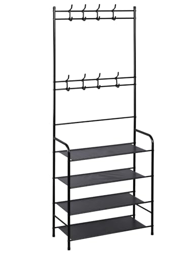 Theona Entryway Shoe Rack with Coat Hanger| 4-Tier Metal Shoe Stand with 10 Hooks | Multipurpose Clothes & Shoe Organizer for Home, Hallway, Bedroom (Black)