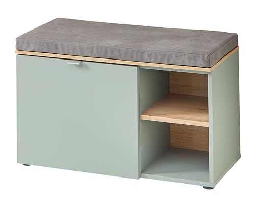 BARI Schuhbank in Schilfgrün, Artisan Eiche Optik FSC-Zertifiziert - Moderne Sitzbank mit Stauraum für Ihren Flur - 78 x 50 x 38 cm (B/H/T)