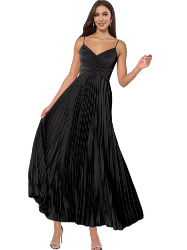 Satin Pleated Bridesmaid Dresses Spaghetti Straps Long Formal Gown for Women