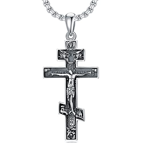 Orthodox Cross Crucifix Men’s Sterling Silver Orthodox Cross Pendant Necklace With 2Mm 22+2 In Rolo Chain #TOP30