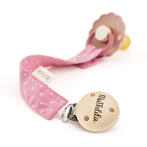AngelicArt Schnullerband mit Gravur Namen für Babys - Mädchen und Jungen - Viele Modelle und Farben (Rosa mit kleinen Punkte)
