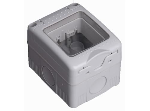 Caja de superficie estanca para 2 módulos, con tapa de plástico, protección IP55, ideal para instalaciones eléctricas en exteriores.