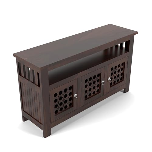 Image of Solid Sheesham Wood Wooden Cabinet Sideboard with 6 Shelves and 3-Door Storage Cabinet for Your Living Room Bedroom Storage (Liam, Walnut Finish)