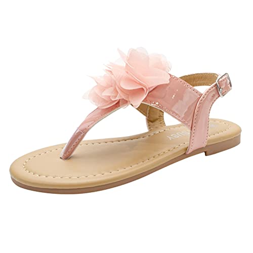 Girls Flat Bottomed Pin Toe Sandals Flower Beach Shoes Pin Toe Little Girls Sandals for Outer Wear Little Girl Slides (Pink, 7-8 Years Little Child)