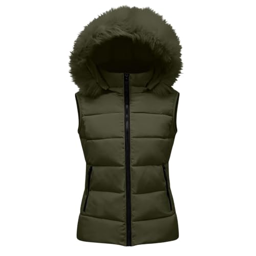 Puffer Vest Women Sleeveless Hooded Faux Fur Trim Quilted Zip Fall Winter - image 4