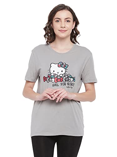 Image of Clovia Women's Cotton Graphic Print Short Sleeve T-Shirt in Grey